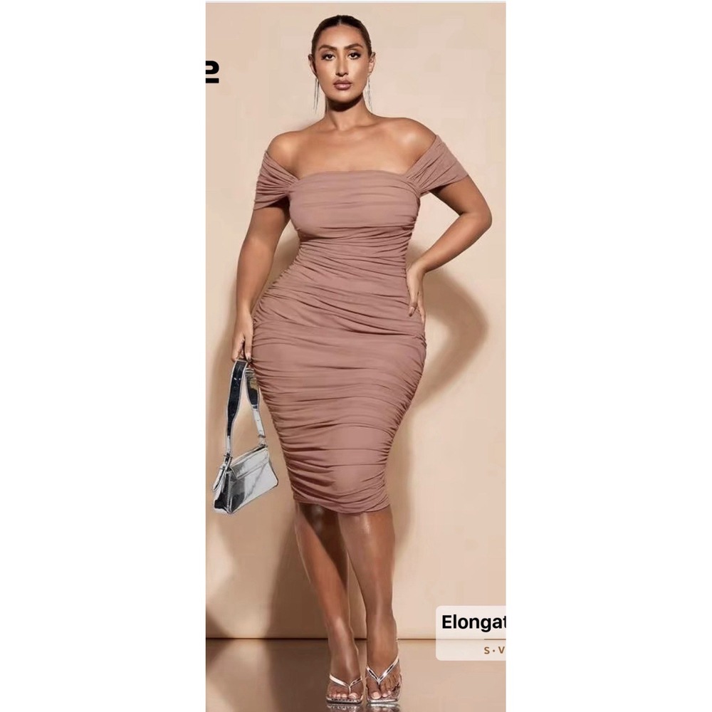 SHEIN BAE CURVE Women's 4XL Dusty Pink Ruched Mesh Bodycon Midi Dress Plus